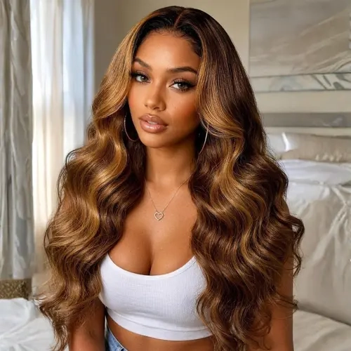 Sunber Modern Human Hair Lace Front Wig - 7x5 Lace Drawstring Cap, Golden Caramel Balayage-Copper Brown with Honey Blonde Face-Framing Highlights, Long Wavy Vacation-Ready Human Hair Wigs, Modern Human Hair Lace Front Wigs