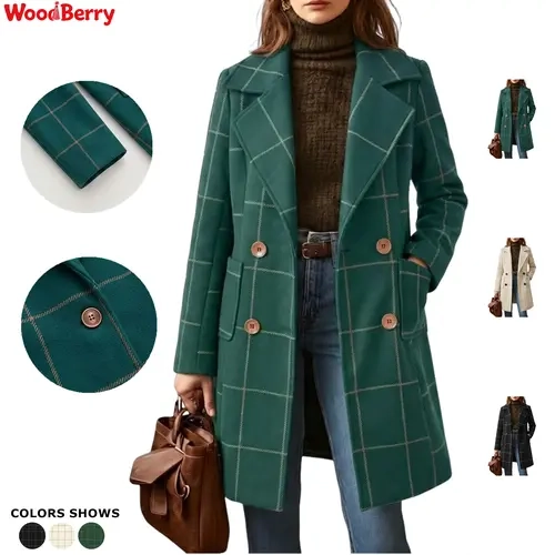 WoodBerry Women's Lady Plaid Wool Blend Notched Lapel Single Breasted Mid-Long Trench Coat - Long Sleeve, Full Lined, Casual Loose, Vintage Checker, Windproof Warm Outerwear with Pockets, Button Front Tops for Women Jackets for Fall Winter Work Outfits,so