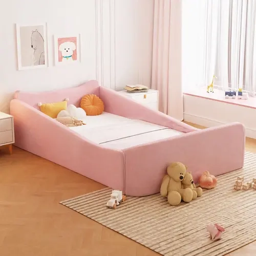 JOYMOR Montessori Toddler Bed with Safety Guardrail, Animal Ears, Soft Velvet-Wrapped Wood Construction, Unisex Design for Infants (Mattress Not Included, Pink),familyfun