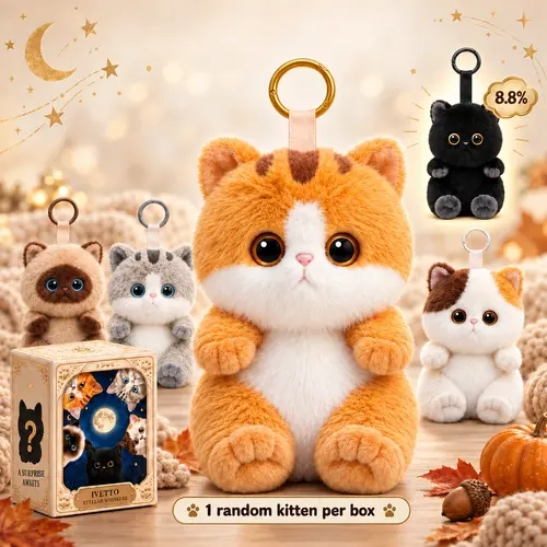 Mystic Galaxy Soft Plush Cat Keychain Blind Box - 1 Random Reveal Box, 4 Regular Designs, 8.8% Chance for Secret Black Kitten, Collectible Stellar Whiskers Home Decor Figurine | SohoChic