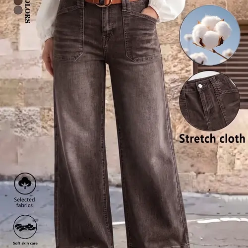 Women’s new fashionable stretch straight-leg jeans, loose and comfortable wide-leg denim pants with pockets; elegant women’s clothing suitable for travel, work, and office wear—loose casual trousers, autumn new arrival.