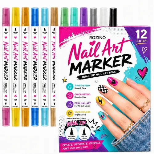 ROZINO 12 Colors Dual Tip Nail Art Marker Pens Set, 24 Tips (Brush & Fine Tip), Water-Based, Alcohol-Free, Quick-Drying Nail Design Pens for DIY Manicure, Beginners & Professionals,familyfun