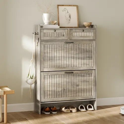 Xixini Fluted Rectangular Wooden Finish Shoe Storage Cabinet - Entryway Home Organizer with Multi-Drawer, Flip & Top Compartments,home decor