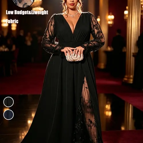 Plus Size V Neck Embroidered Mesh Lightweight Long Sleeve High Split Dress, Elegant Fitted A-Line Evening Gown for Weddings, Parties, Events