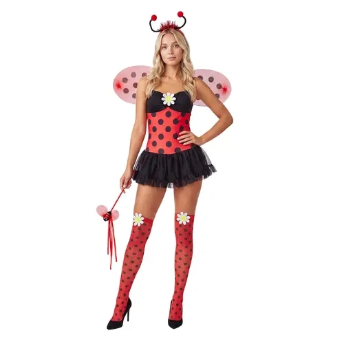 Women's Halloween Ladybug Costume Set - Red Black Polka Dot Sexy Spaghetti Strap Tutu Dress with Accessories (Wings, Antenna Headband, Socks, Wand) for Party Carnival Cosplay