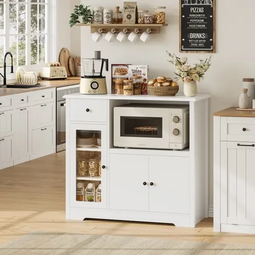 Hostack Modern Home Decor Microwave Cabinet - Engineered Wood Tall Storage Kitchen Furniture with Adjustable Shelf, Drawers, Storage Stand Enclosure,familyfun familyfun