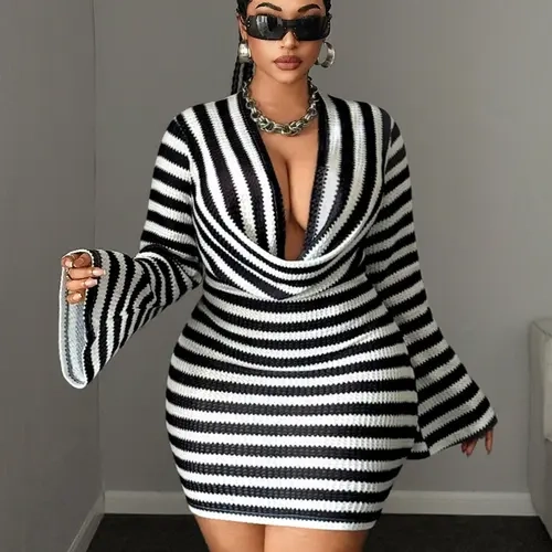 Plus Size Women's Striped Bodycon Skirt, Deep V Neck Bell Sleeve Knit Dress, Spring Fall Party, Nightclub Bar Date Music Festival