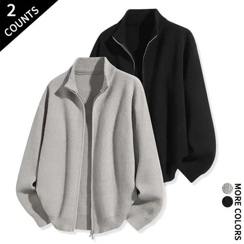 Men's Plain Long Sleeve Knit Cardigan Jacket - Chic Mock Neck, Full Zip, Relaxed Fit Menswear Top for Smart Casual Daily & Weekend Street Styling
