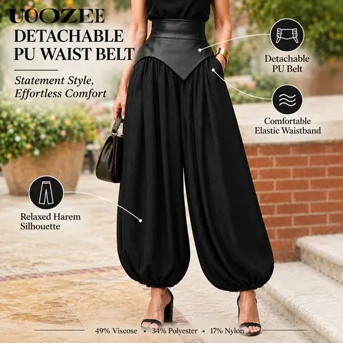UOOZEE Lady's Casual Basic High-Waist Harem Balloon Pants - Lightweight Soft Smooth Polyester-Rayon-Nylon Fabric, Detachable Faux Leather Corset Belt Waistband, Pockets, Summer-Fall Transition Trousers,sohochic