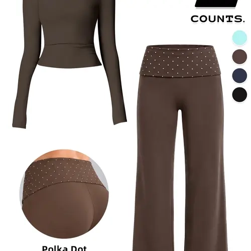 Long Sleeve Round Neck Top and Polka Dot Waist Sport Leggings Set, Sport 2 Piece Set, Plain Yoga Straight Pants, Women's Fitness Running, Comfortable Fashion