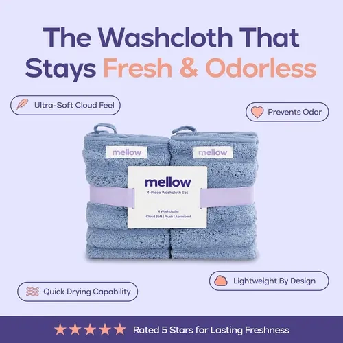 Mellow Sleep | Ribbed Washcloths (4-Pack) - Absorbent Microfiber with Airy Ribbed Weave and Refresh Cue Tag