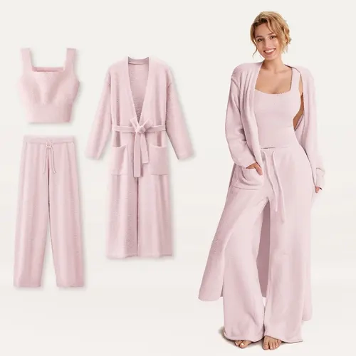 LUCKMEEY Marshmallow Soft 3-Piece Cloud Plush Loungewear Set for Women, Ultra-Soft Warm & Cozy Robe with Tie Belt & Pockets, Matching Tank Top & Drawstring Wide-Leg Pants for Lounging at Home & Casual Outings
