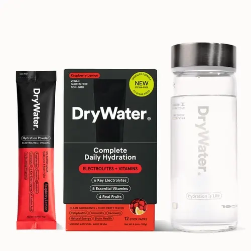 DryWater Starter Kit Bundle | 12ct Sticks + IsoCell Shaker | Daily Hydration Powder Packets | 1,000mg Potassium | Real Fruit | Nothing Artificial | No Added Sugar | Clean & Tested
