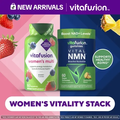 [Vitafusion] Women’s Vitality Stack: NMN Gummies - Bioactive Nucleotide - Tropical Glow Flavor - Boost NAD+ Levels - 60 Vegan Gummies & Women's Multivitamin - Vitamin A, C, D, E, B6, B12 - Berry Flavors - 150 Gummies