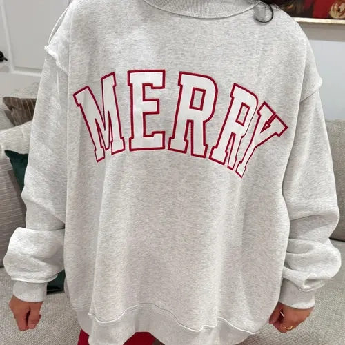 Lady's Embroidered MERRY Letter Applique Sweatshirt - Mock Neck Long-Sleeve Oversized Pullover, 1-Piece Christmas Holiday Tunic Top with Exposed Seams, Ribbed Trim, Quality Fabric & Relaxed Fit,sohochic