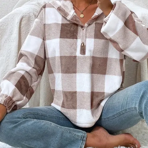 Women's Plaid Half-Zip Hooded Top, Loose-Fit Warm Outerwear, Fashion Long Sleeve, Fall Winter Street Style, Casual Daily Wear