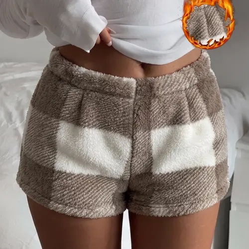 Autumn Winter Cozy Plush Home Shorts, Loungewear, Cartoon Bear Print, Elastic Waist, Loose Fit, Slimming, Comfortable Sleep Pants for Daily Use