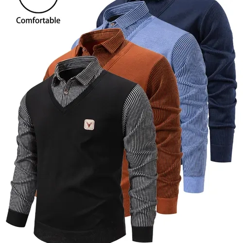 Men's 2-in-1 V-Neck Striped Collared Knit Sweater - Long Sleeve Pullover, Menswear, Stylish Business Casual Office Workwear, Outfit Inspo Top for Fall Winter Daily Wear