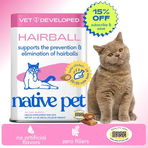 BUY 1 GET 1 FREE - Native Pet Hairball Treatment for Cats - Chicken Flavored Hairball Treats