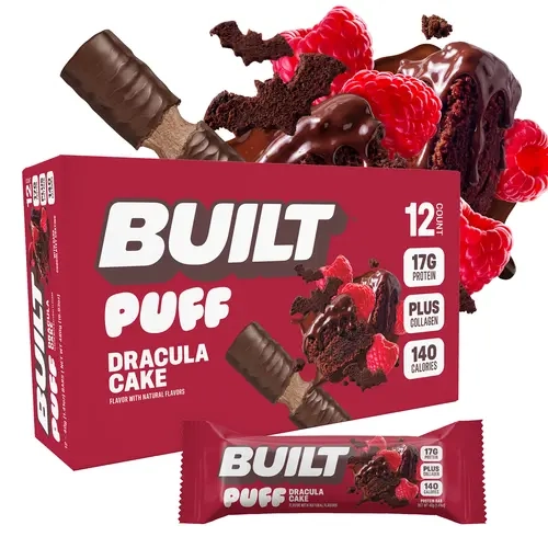 Official BUILT Bar, Puff Protein Bar Snack, Dracula Cake, Raspberry Chocolate Cake, Protein Packed Snack, Collagen, 140 calories, Gluten Free