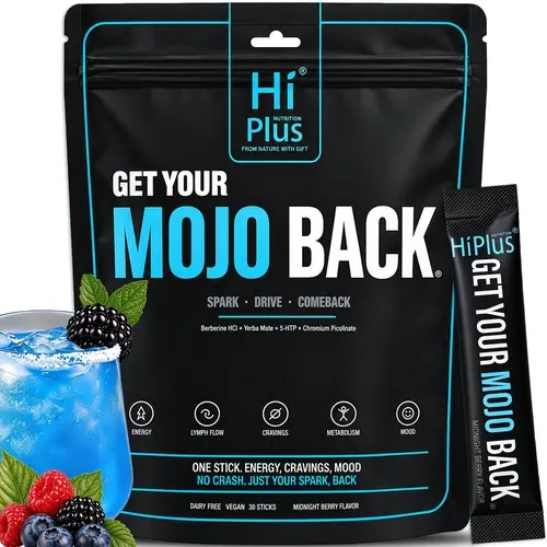HiPlus Get Your Mojo Back | GLP-1 Support with Lymphatic Drainage Complex, Berberine, Magnesium, Ashwagandha, Cayenne Pepper, Astaxanthin, Vitamin D3 - Midnight Berry Flavor, 30 Sticks | Filler Free, Non-GMO