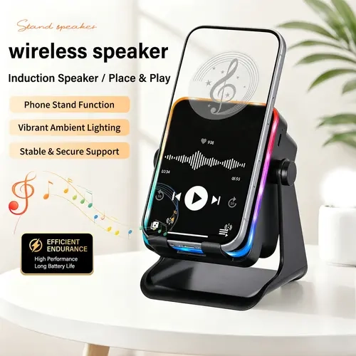 5-in-1 Inductive Wireless Audio Stereo Speaker Stand - 360° Adjustable Phone/Tablet Holder, 2000mAh Rechargeable Portable Charger, Colorful Ambient Light, USB-C Gadget with Microphone, Compatible with iPhone 11-18,techvibes