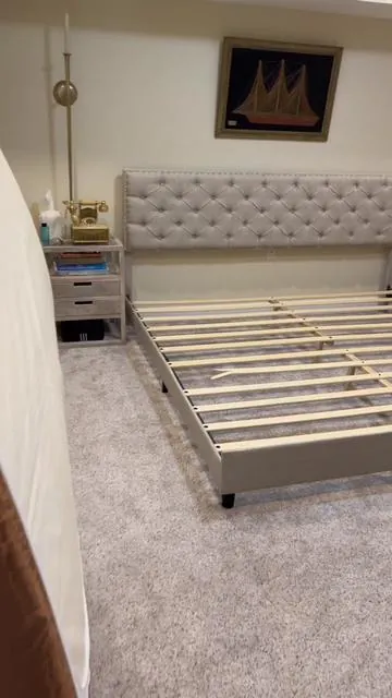 Upholstered bed with storage! 🛏️ There are two metal bars down the middle supporting the bed in addition to the wooden slats to hold the mattress. I slept on it last night and no noise either! Very well made for the price! ✨ I love it! #bed #beds #bedframe #bedroom #bedroomfurniture #bedroomdecor #headboard 