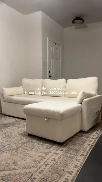 Answering some of your most asked q’s:  1. Yes, its washable — I air dry ours 2. Yes, the chaise can go on either side 3. It’s available in a few colors, since our dog is white the cream hides dog hair the best 😝 #sleepersofa #movienight #couch #sofa #affordablefurniture 