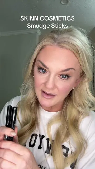 @SKINN Cosmetics Waterproof Smudgesticks- use them to line, shade & fill your eyes. They’re such an easy way to create a long lasting eye look. I usually avoid black eyeliner, but using a brush with this stick can create a beautiful smudged wing without being so harsh. #skinncosmetics #hoodedeyes #eyeliner #shadowstick #matureskin #matureskinmakeup @Erica Taylor 