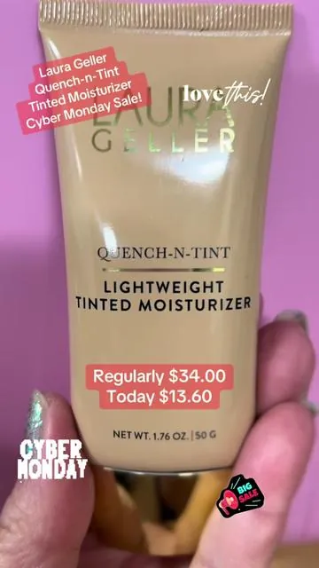Laura Geller Quench-n-Tint Lightweight Tinted Moisturizer. Cyber Monday Exclusive Sale! Stock up! My favorite tinted moisturizer! @Laura Geller Beauty #cybermondaydeal #cybermondaysale #lauragellerbeauty #tintedmoisturizer #makeuproutine #moisturizer #concealertips #makeup #cybermonday 