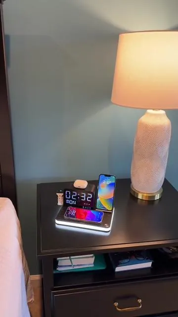 I got this charging station from Acer for my nightstand and it has literally everything you could need! It can charge two phones, headphones and a watch wirelessly plus two other devices on the back. It has a clock and even a cool light!  @Jinteng Store #Acer #chargingstation #wireless #wirelesscharger #charger #nightstand #clock 