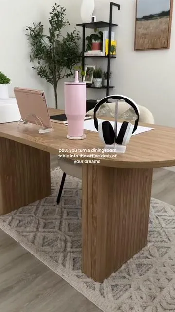 it’s also a cute dining room table but we opted to use it as an office desk and im obsessed ✨🤍  #officeessentials #cuteofficeideas #girlyoffice #officesetup #homedecor #homedecor #diy #diyproject #aestheticedits #aesthetichome #aesthetichomedecor #cozyhome #cozyhomeideas 