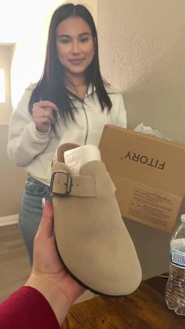 Now we have matching ones except my slippers do not have the cushion insole 🥹 also, she realized she can use Apple Pay on TT shop and 🤦🏻‍♀️ she be spending 🤣 #slippers #birkenstocks #clogs #suedeclogs #sliponshoes #fitory  