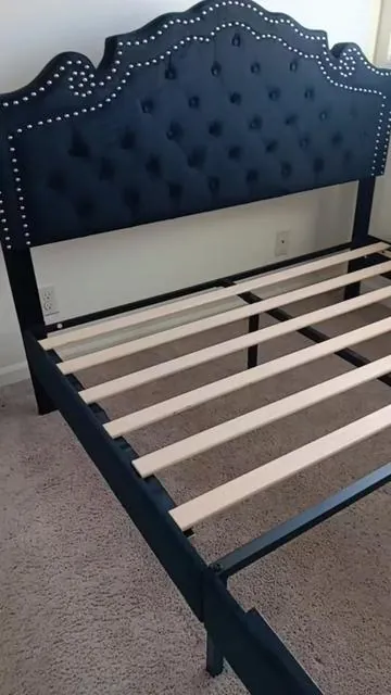 #SHACERLINE # Queen size bed frame with adjustable headboard.#upholstered # Dimond button Tufted#metal studs#easy to Assemble.@Purnima Acharya Pokh @lux 