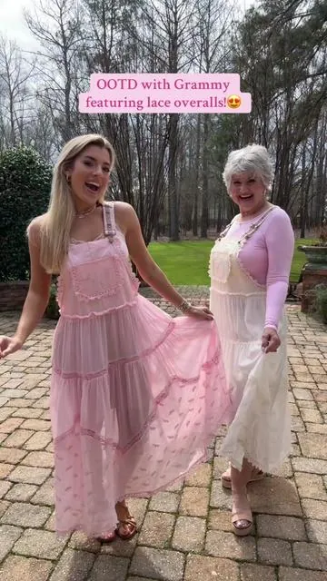 WE LOVE IT!  If you've been considering it but you think you are "too old", you aren't! Grammy pulled it off even better than me!   We both have on size medium! Grammy typically would order a large but she said the medium fits her perfectly – it just depends on if you want to be more oversized or not!  #overalldress #fplookforless #fp #lacedress #overalls #springfashion #fashion #affordablefashion #SummerFashion #whimsical #fashionover50 