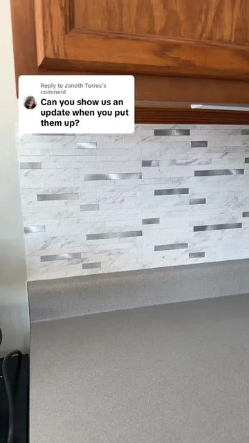 Replying to @Janeth Torres I will update again once I have the next box up. But 10/10, I love it! I literally walked in the kitchen a trillion times last night just to admire how good it turned out 😆 Now I need to decide on a color for the cabinets! Please send paint color suggestions! TIA #homedecor #kitchenremodel #kitchenbacksplash #diybacksplash #diykitchenmakeover #kitchenmakeover #stickgoo 