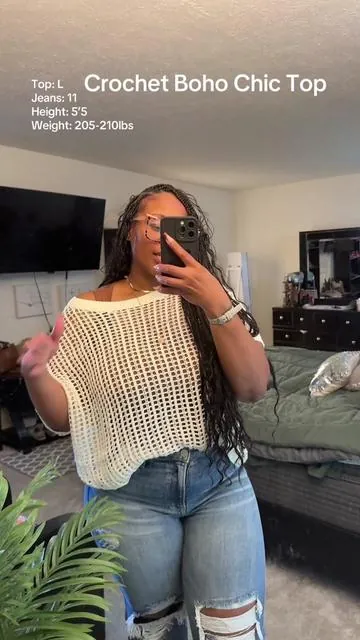 Embracing BoHo vibes with my handmade crochet top and distressed denim! 🌿✨ #BohoStyle #CrochetFashion #RippedJeans #HandmadeFashion #BohoChic #DIYCrochet #DenimLove #FashionInspo #OOTD #tiktokshopcreatorpicks 