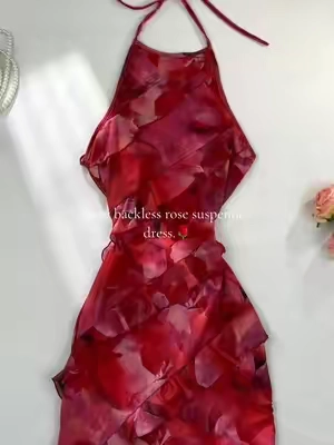 Sexy backless rose suspender dress.🌹 #cutedress #sexydress #rose #reddress #floraldress  #bowknot #dating #datenight #datingadvice #date #dateideas #dresses #dresstoimpress #dressup #trending #trend #springdresses #minidress #xfj 