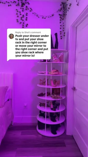 Replying to @Shai I loveeeeee the mirror on the other side🤞🏼 the dresser couldn’t fit under the tv bc of cords so we improvised 🤩 #bedroom #decor #shoes #ledmirror #vanity #baddie #roomideas 