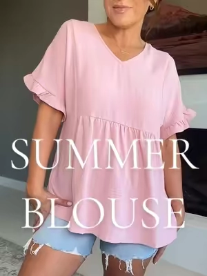 A great transitional blouse that can be worn no matter where you are. #blouse #babydolltop #flowyblouse #shortsleeveblouse #summerblouse #summeroutfit #affordablefashion 
