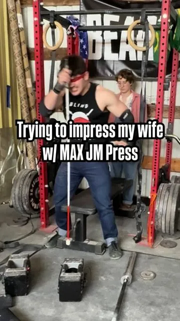 Trying to impress my wife with a MAX JM press of 245 lbs 🤯 Join the blind brigade family 🦯 Code BLIND @Psycho_Pharma @Boostcamp App @Bearfoot Shoes @Stoic Performance @Barbell Apparel 