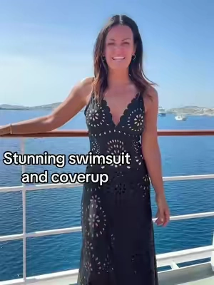 Gorgeous, flattering swimsuit and coverup skirt. Laser cut holes. Doubled lined swimsuit. Wearing a small (5'3 size 4/6, 34c) #tiktokshopcreatorpicks #swimsuit #bathingsuit #flatteringswimsuit #modestswimwear #swimcoverup 