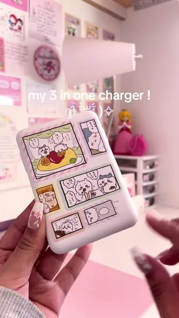 all I need for my airpods, ipad, & iphone 😌😌    the sticker book is from kinokuniya   #chiikawa #portablecharger #tech #stickers #trinkets #deco #kpop #sanrio #sanx 