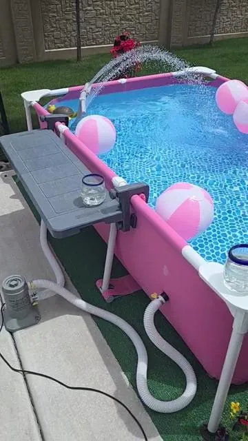 The Perfect Way To Cool Off This Summer! Intex Pools #abovegroundpool #intex #pinkpool #summer #backyardpool #pool #poolparty 
