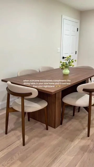 I am so obsessed with our new dining area in our new home! This table was so easy to put together and the quality is so much better than I expected! 🤎✨ #diningtable #kitchenmusthaves #kitchentable #diningroom #diningtabledecor 