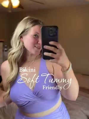 I love how supportive it is in the chest and that the bottoms have tummy control!! 💜 #bikini #midsizebikini #midsizeswim #curvyswim #ttsdelightnow #tiktokshopmemorialday #tiktokshopsummerturnup #ifyouknowyouknow #outdoorfun 