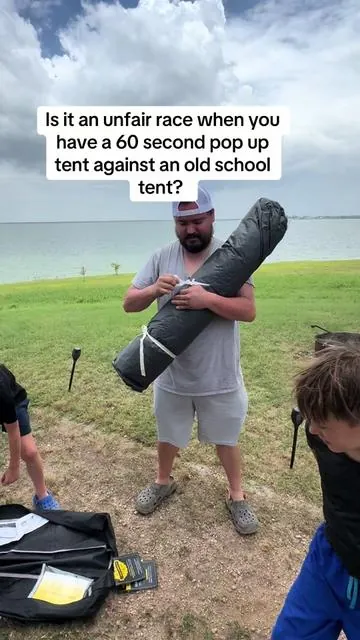 Is it an unfair race?? 😂😂😂 #camping #summerdeals #challenge #campinghacks #popuptent #tentcamping #campinglife #backtoschool #familytent #summervibes 