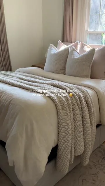 how pretty is this bed frame!! on sale right now for only $200 😮 this is the queen size in the color light beige 🤍 lifts up for additional storage under the bed #home #homefinds #affordablebed #affordablebedframe #bedframe #bedframes #bedroom  Affordable bed frame Neutral bed frame