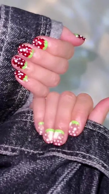 🍓 Sweet Strawberry Nail Vibes 🍓in our short nail collection number 13.  #StrawberryNails #PressOnNails #NailTok #CuteNailDesigns#shortnails 