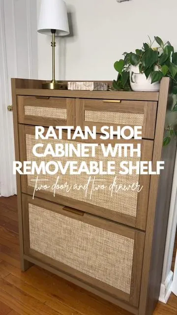 Gorgeous two door shoe cabinet! Rattan material with two drawers and a shelf in top. The shelf inside is removeable. #shoecabinet #shoecabinetstorage #shoesstorage #shoes #shoe #cabinet #creatoricons 